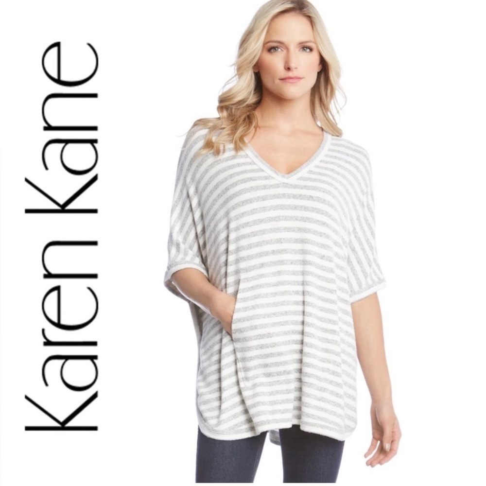 Karen Kane Stripe Kangaroo Pocket Cozy Poncho Top Grey White‎ Stripe XS